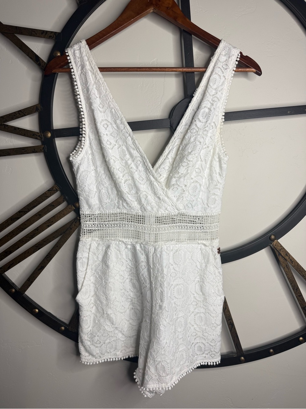 Kendall & Kylie White Lace V-Neck Romper with Crochet Trim